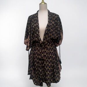 Perry Walker Collective Frankie Kimono One Size Black Gold Floral Resortwear